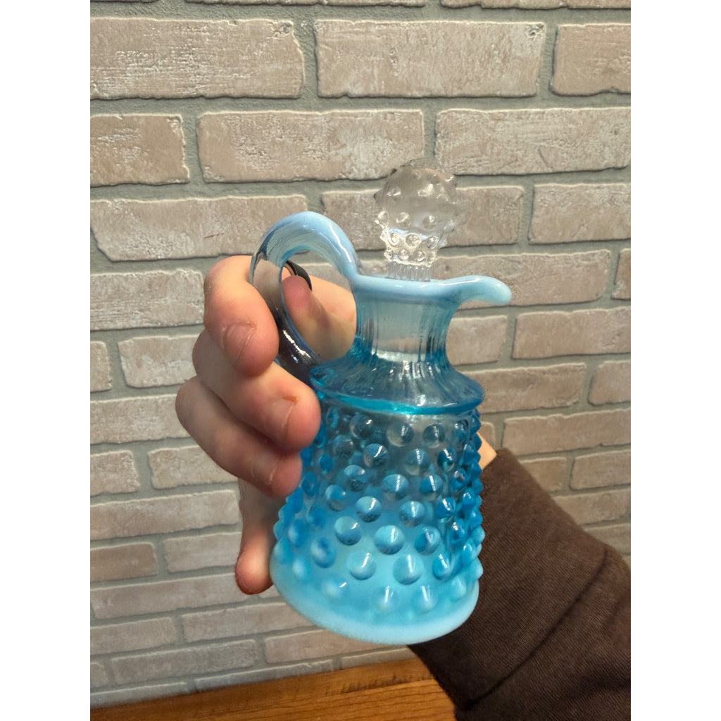 Vintage Fenton Opalescent Hobnail Perfume Decanter Cruet Blue Moonstone Glass 4.5"