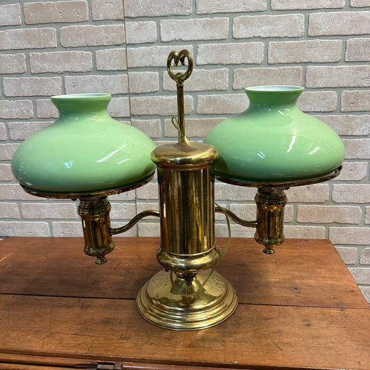 Antique Victorian Brass Double Student Lamp Base with Center Tank & Green Shades