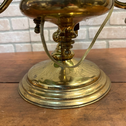 Antique Victorian Brass Double Student Lamp Base with Center Tank & Green Shades