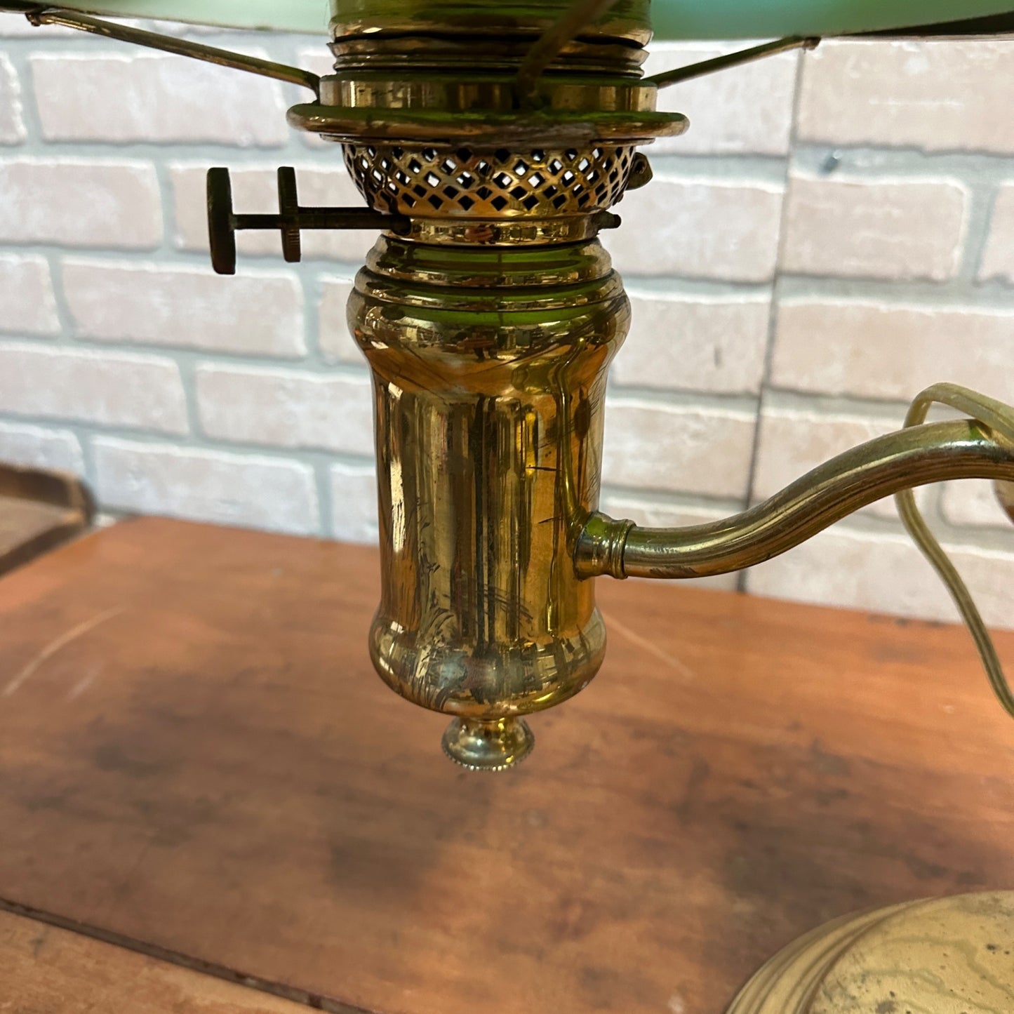 Antique Victorian Brass Double Student Lamp Base with Center Tank & Green Shades