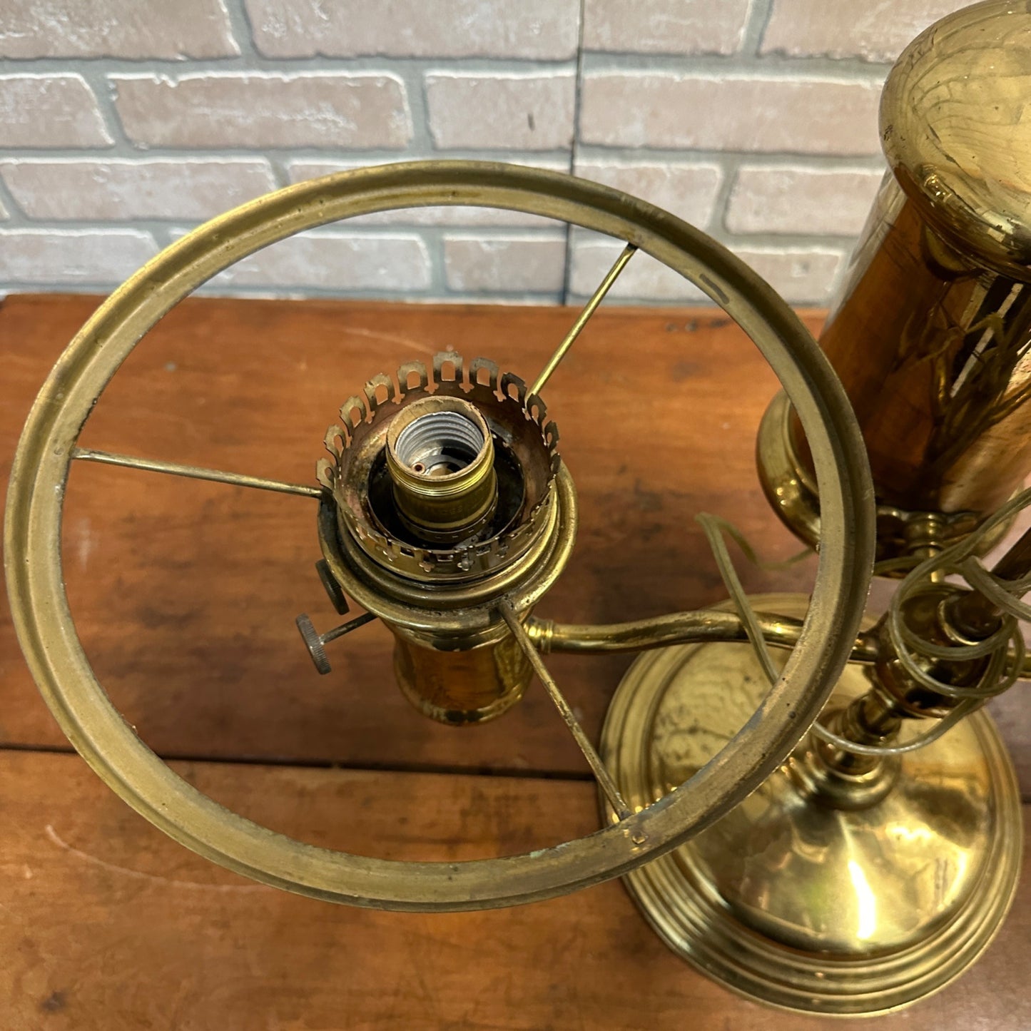 Antique Victorian Brass Double Student Lamp Base with Center Tank & Green Shades