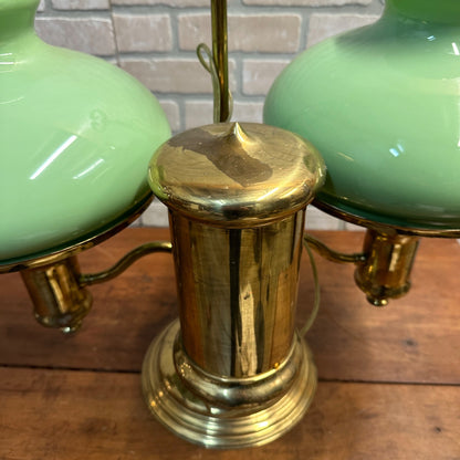 Antique Victorian Brass Double Student Lamp Base with Center Tank & Green Shades