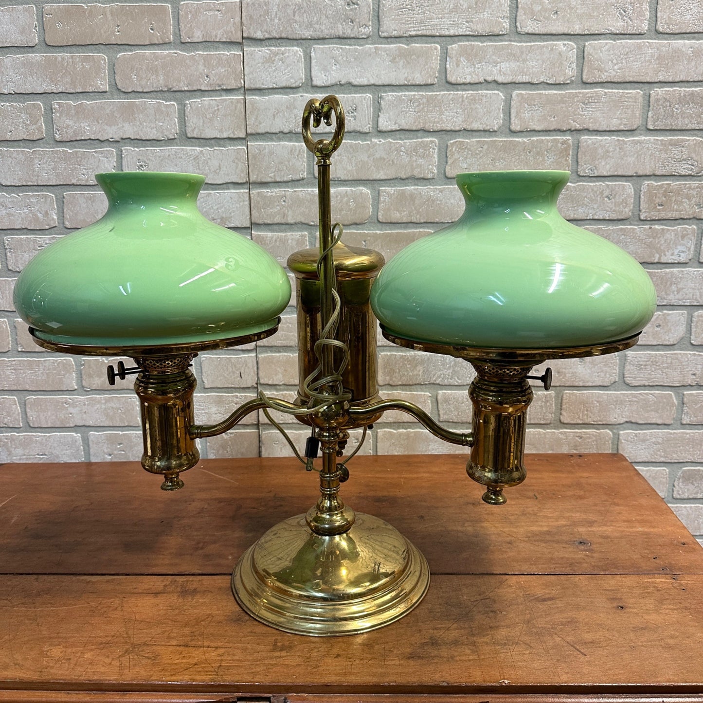 Antique Victorian Brass Double Student Lamp Base with Center Tank & Green Shades