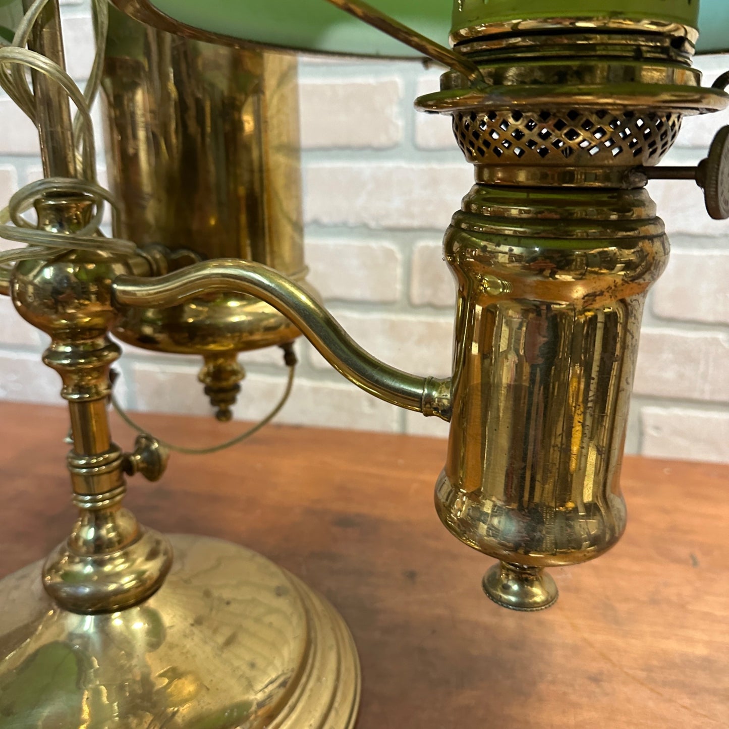 Antique Victorian Brass Double Student Lamp Base with Center Tank & Green Shades