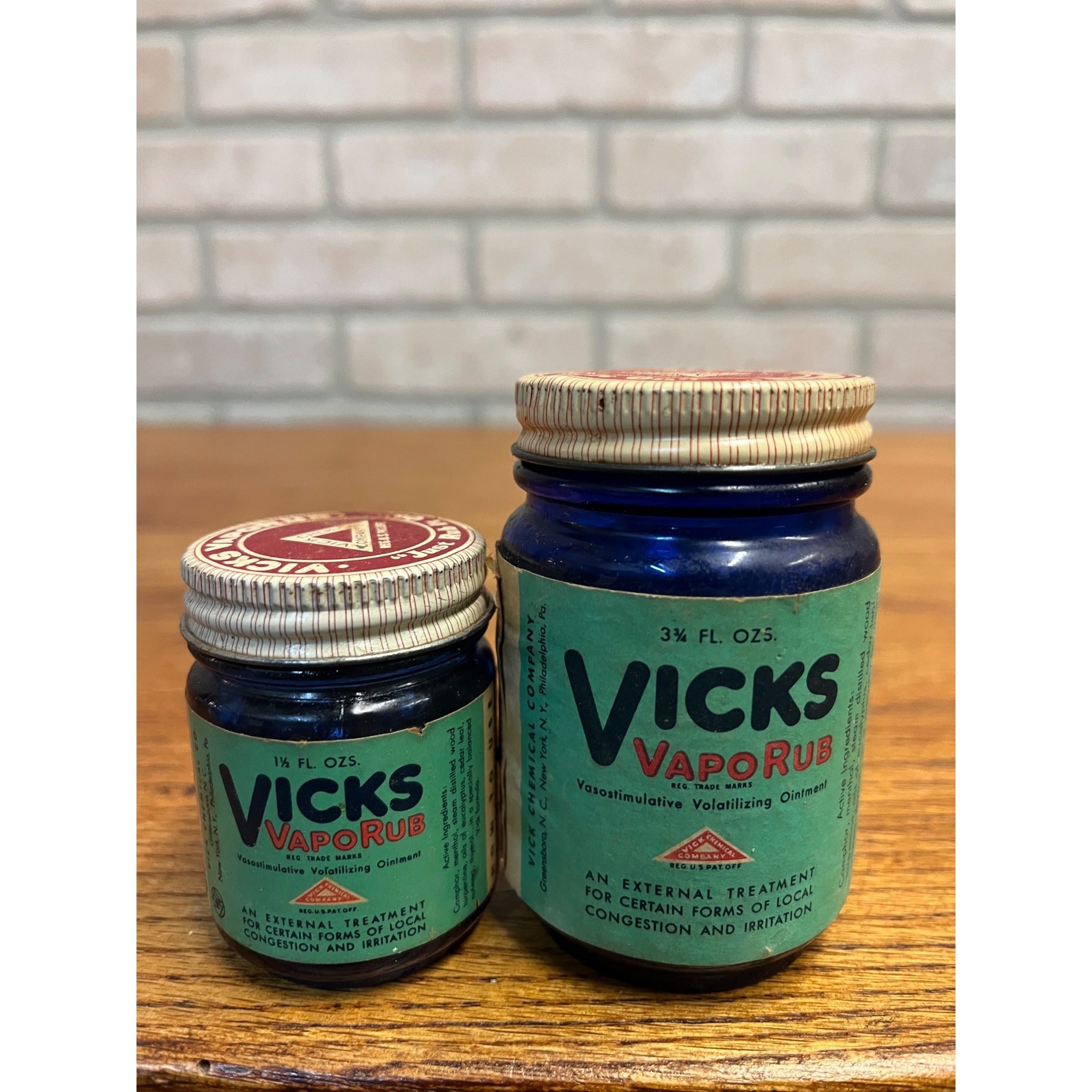 Vintage Vicks Vapor Rub Cobalt Blue Glass Jar Paper Label Lot (2)