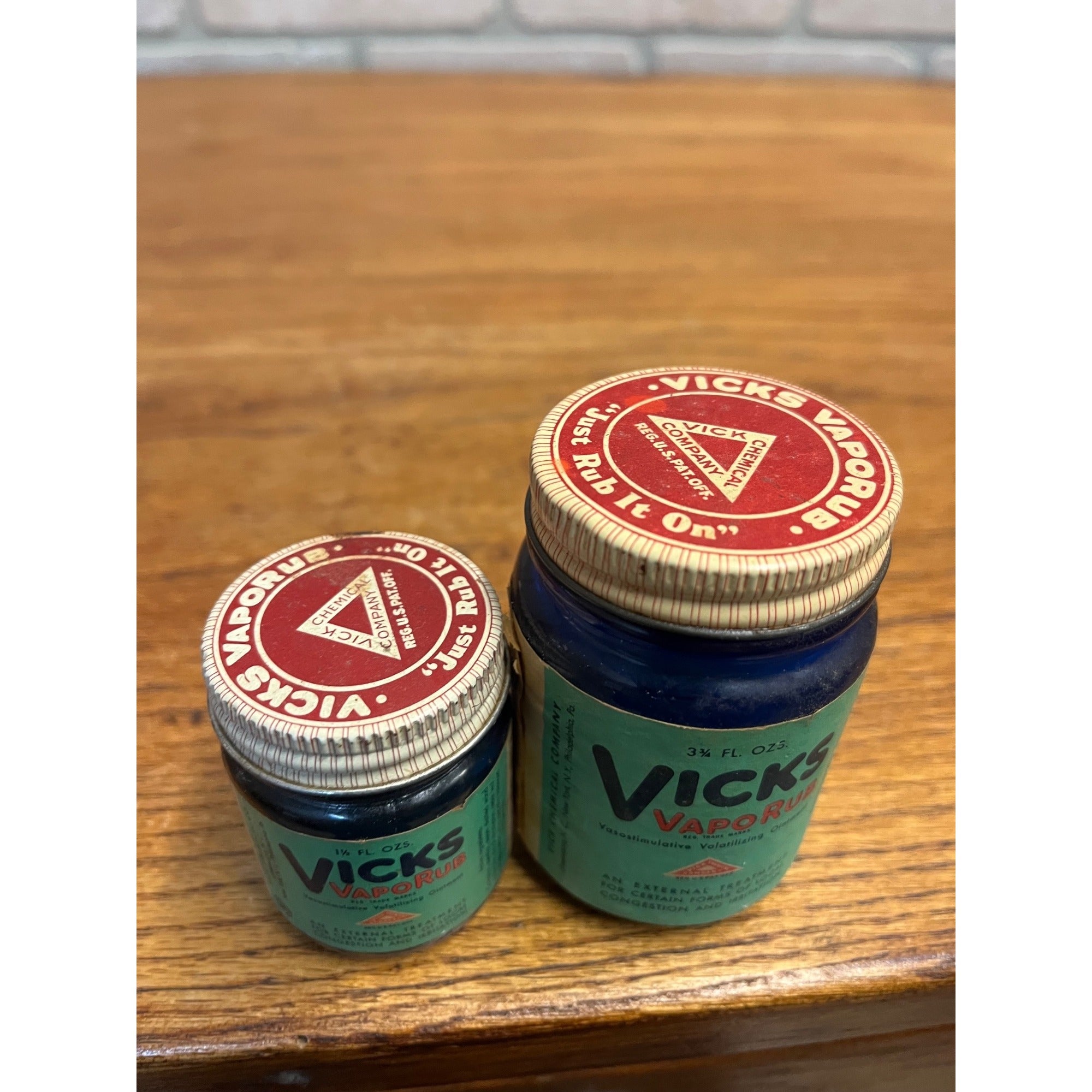Vintage Vicks Vapor Rub Cobalt Blue Glass Jar Paper Label Lot (2)