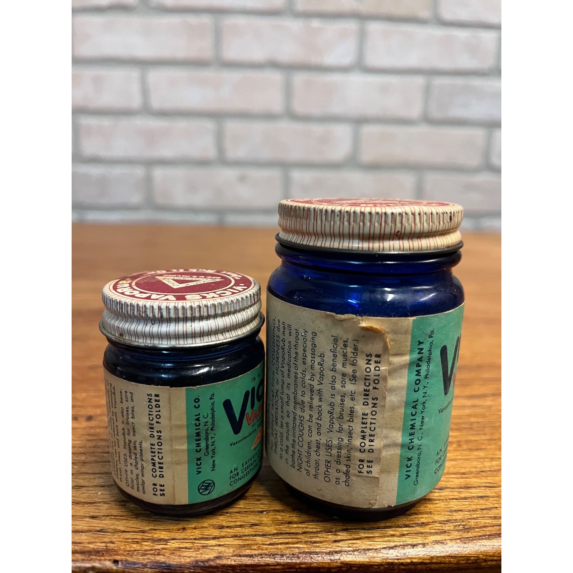 Vintage Vicks Vapor Rub Cobalt Blue Glass Jar Paper Label Lot (2)