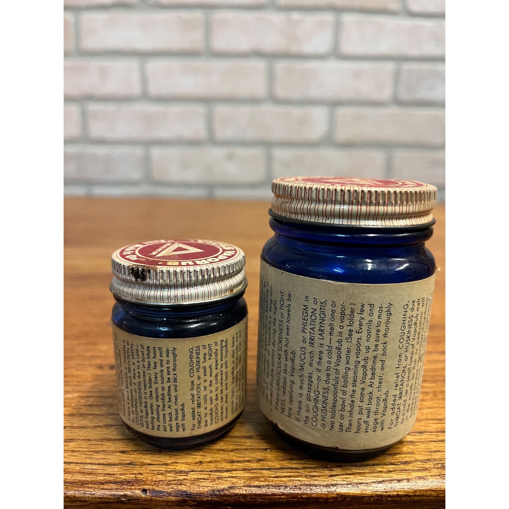 Vintage Vicks Vapor Rub Cobalt Blue Glass Jar Paper Label Lot (2)