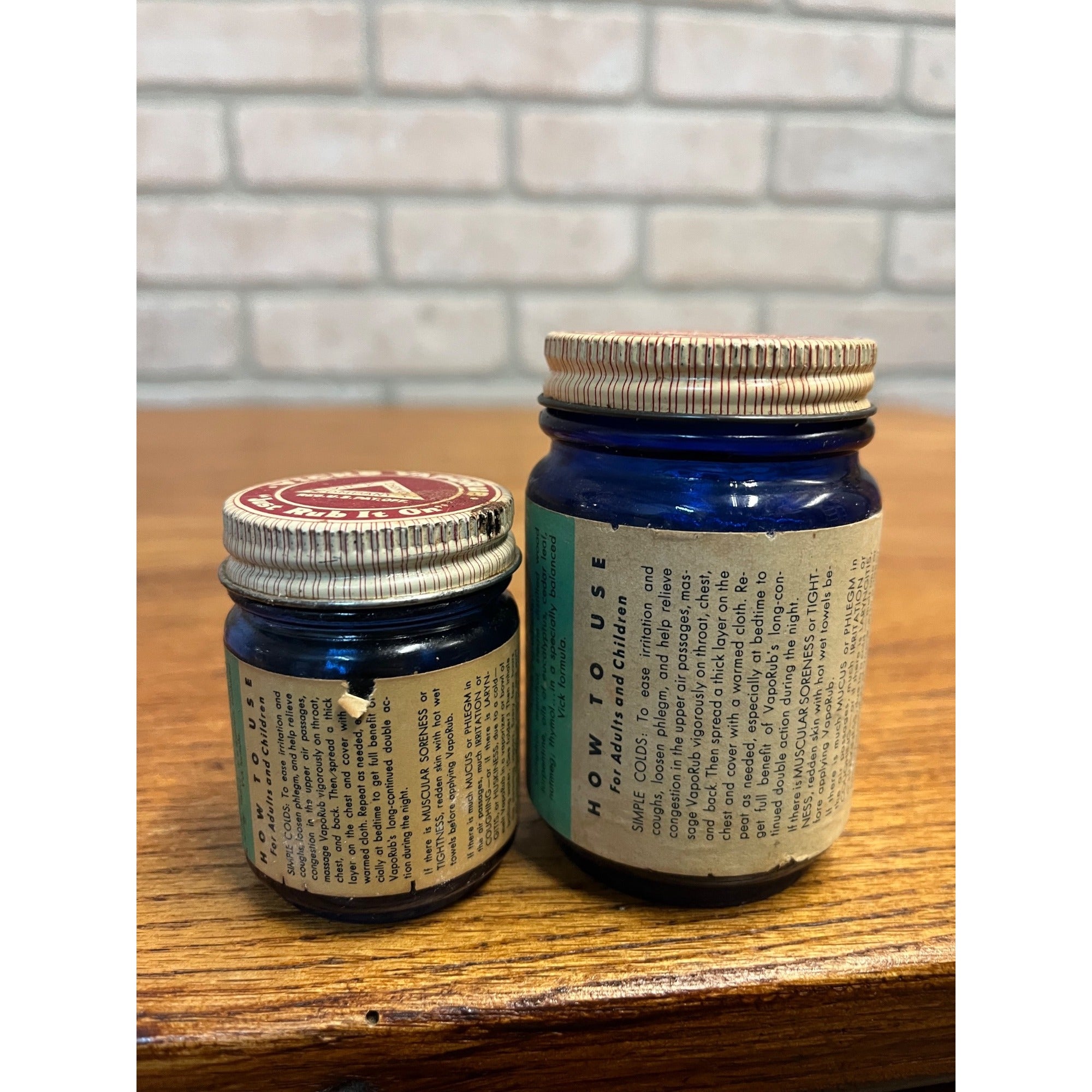 Vintage Vicks Vapor Rub Cobalt Blue Glass Jar Paper Label Lot (2)