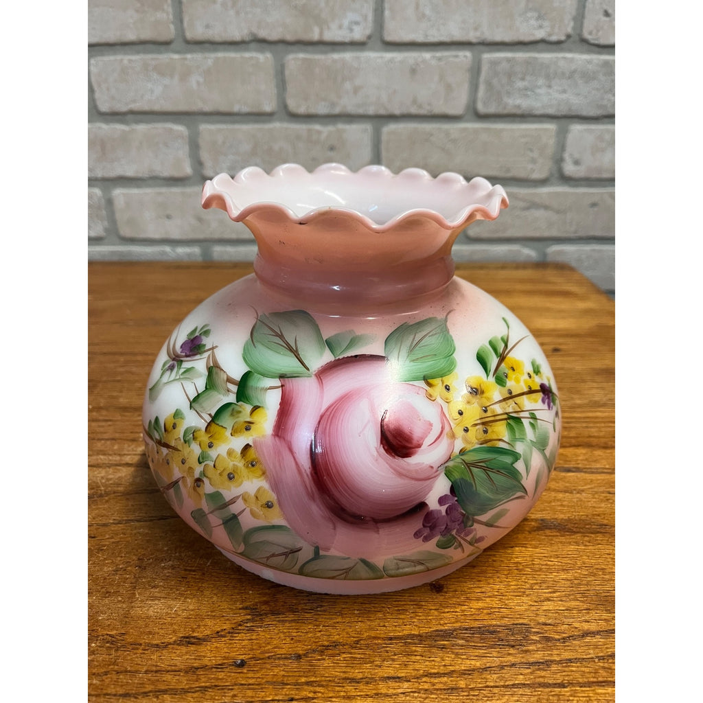 Antique Hand Painted GWTW Pink Glass Shade Hurricane Victorian 6-3/4" Fitter