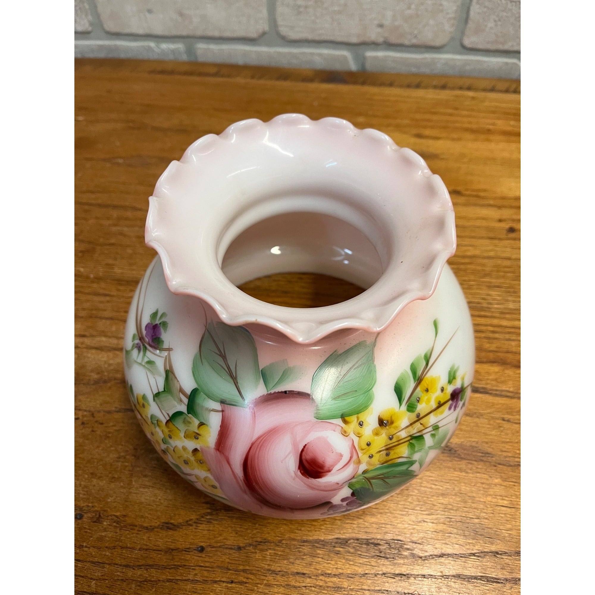 Antique Hand Painted GWTW Pink Glass Shade Hurricane Victorian 6-3/4" Fitter