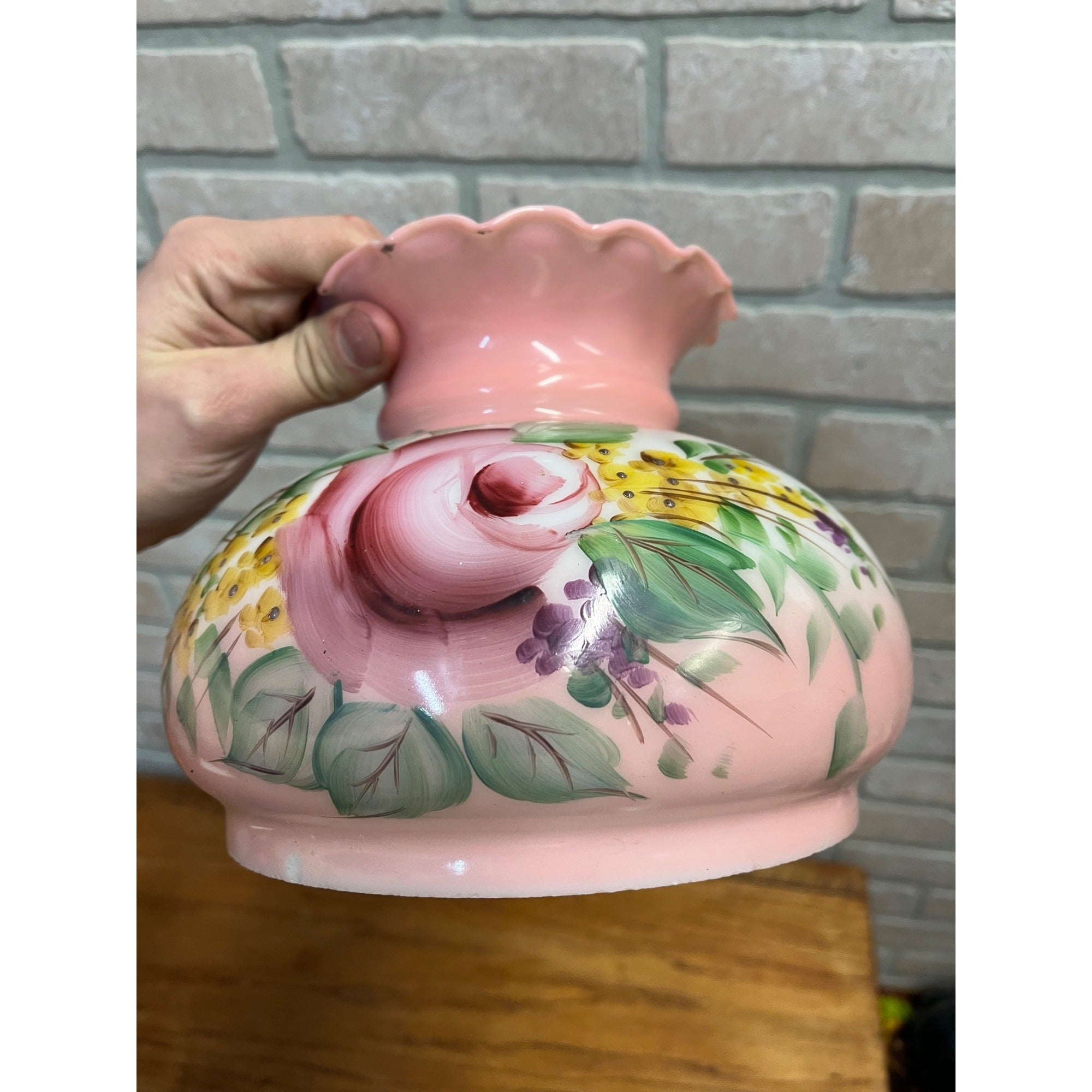 Antique Hand Painted GWTW Pink Glass Shade Hurricane Victorian 6-3/4" Fitter