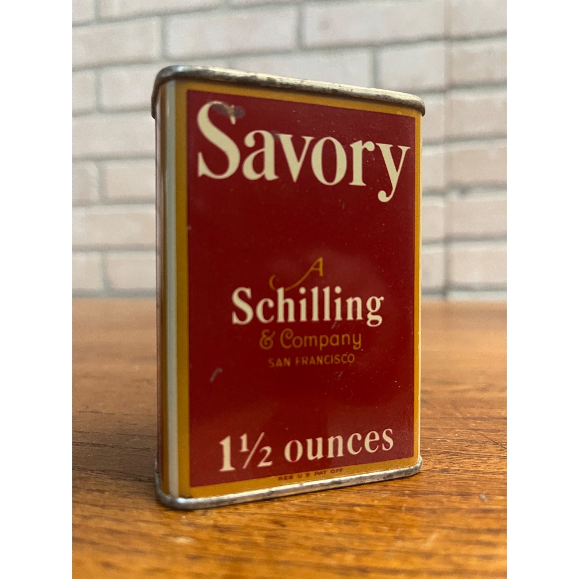 Vintage Schilling Savory Red & Gold Spice Tin Kitchen Decor