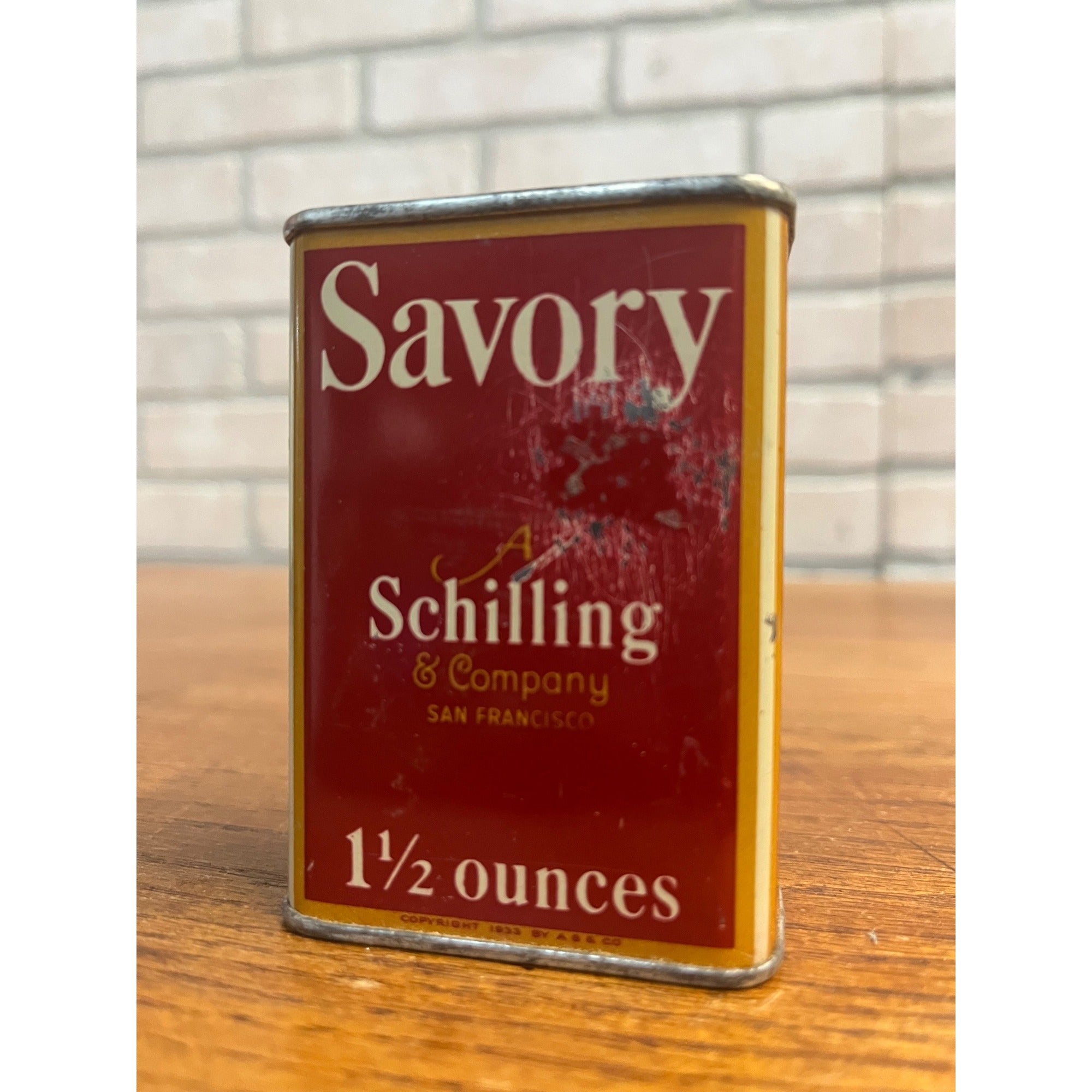 Vintage Schilling Savory Red & Gold Spice Tin Kitchen Decor