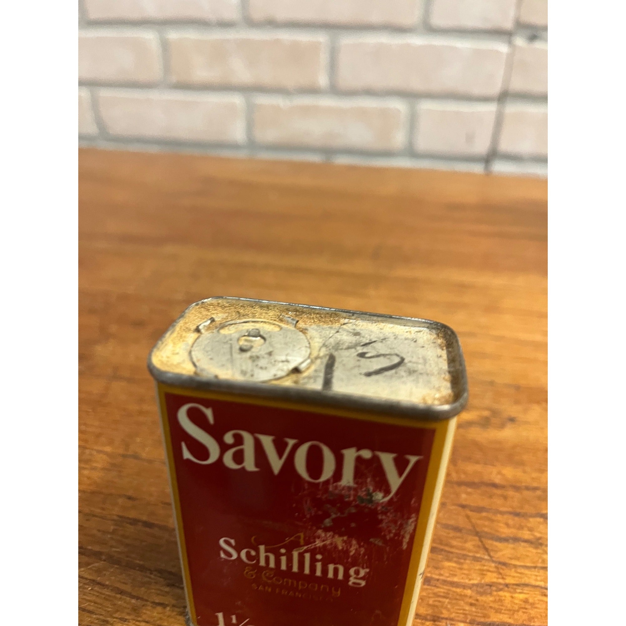 Vintage Schilling Savory Red & Gold Spice Tin Kitchen Decor