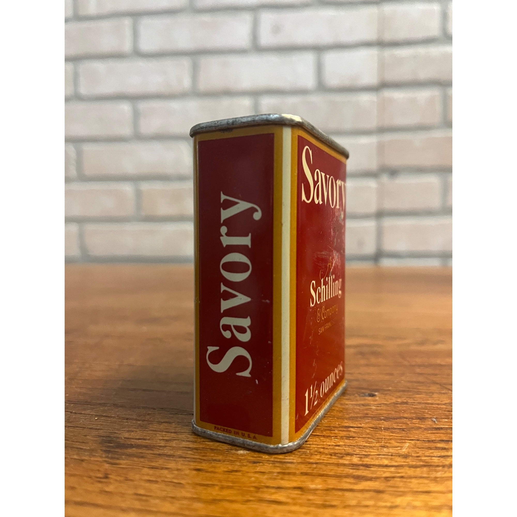 Vintage Schilling Savory Red & Gold Spice Tin Kitchen Decor