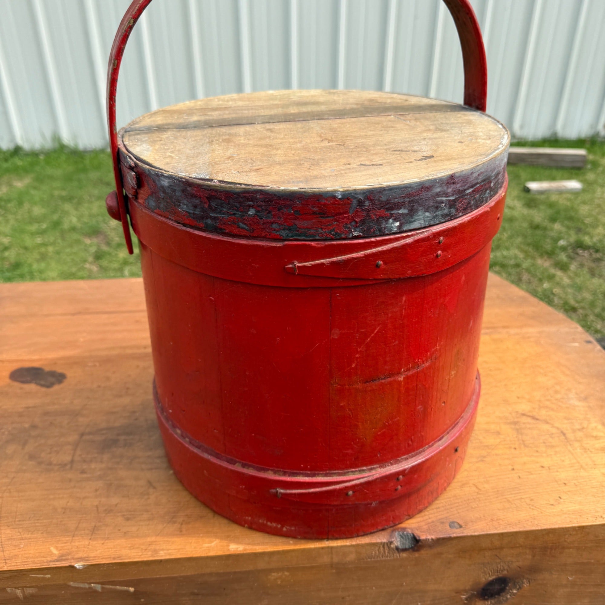 Antique Primitive 20th c. Wooden Firkin Red Paint AAFA Farmhouse Folk Art