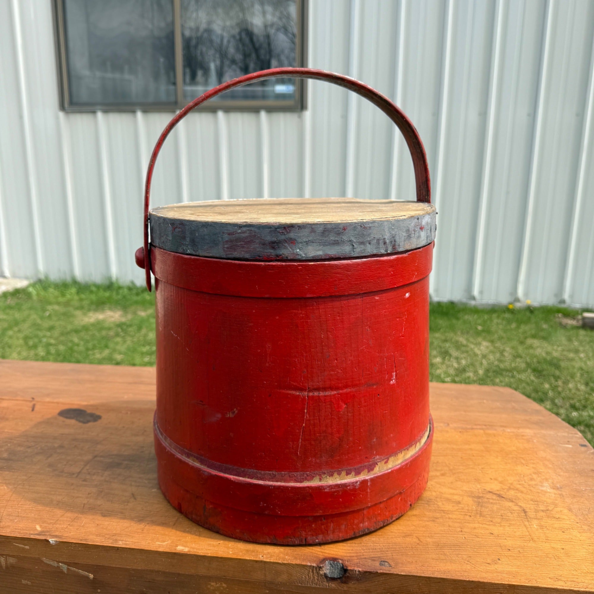 Antique Primitive 20th c. Wooden Firkin Red Paint AAFA Farmhouse Folk Art