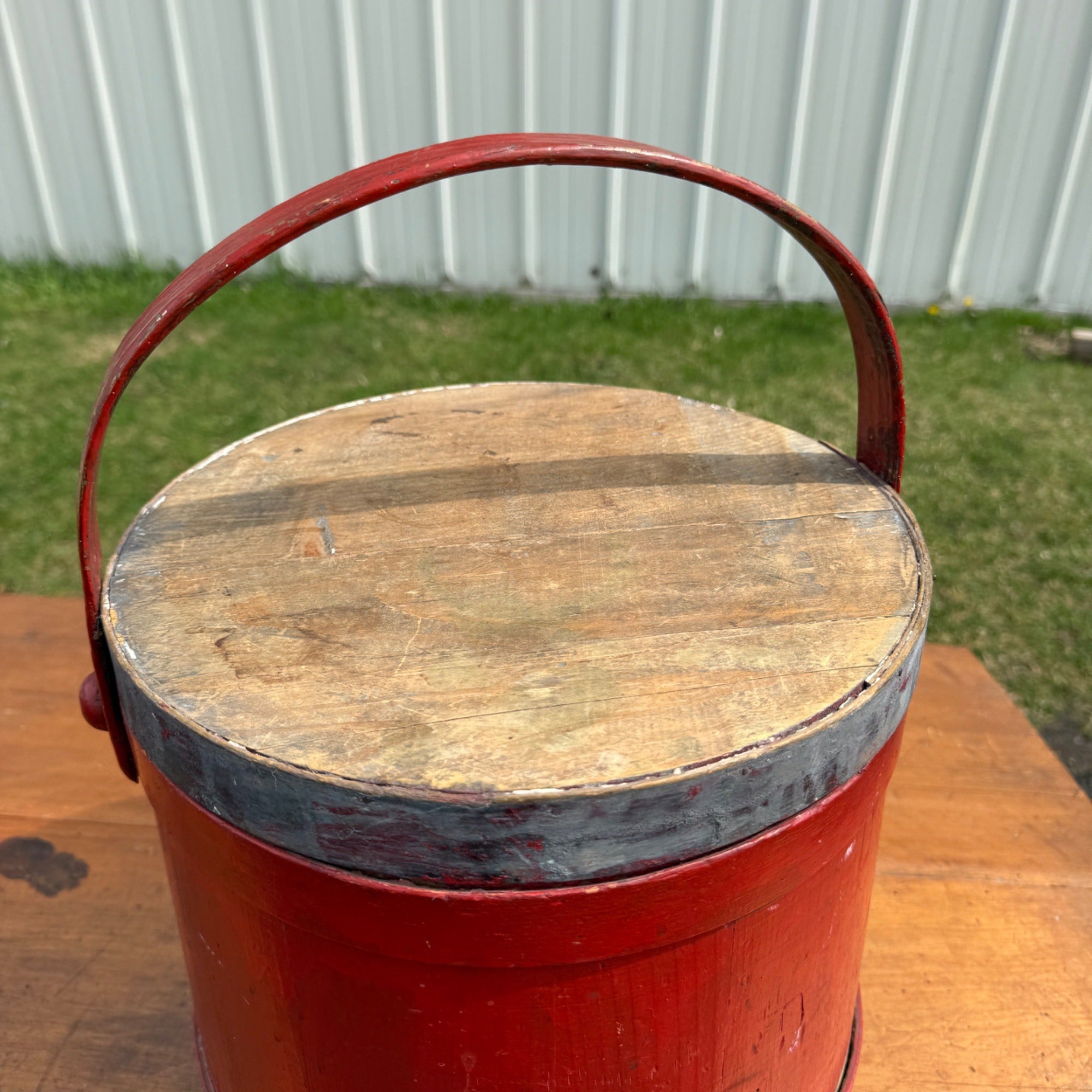 Antique Primitive 20th c. Wooden Firkin Red Paint AAFA Farmhouse Folk Art