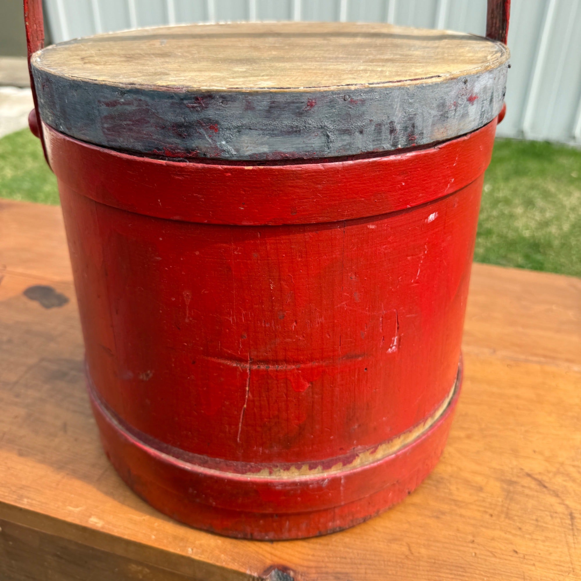 Antique Primitive 20th c. Wooden Firkin Red Paint AAFA Farmhouse Folk Art