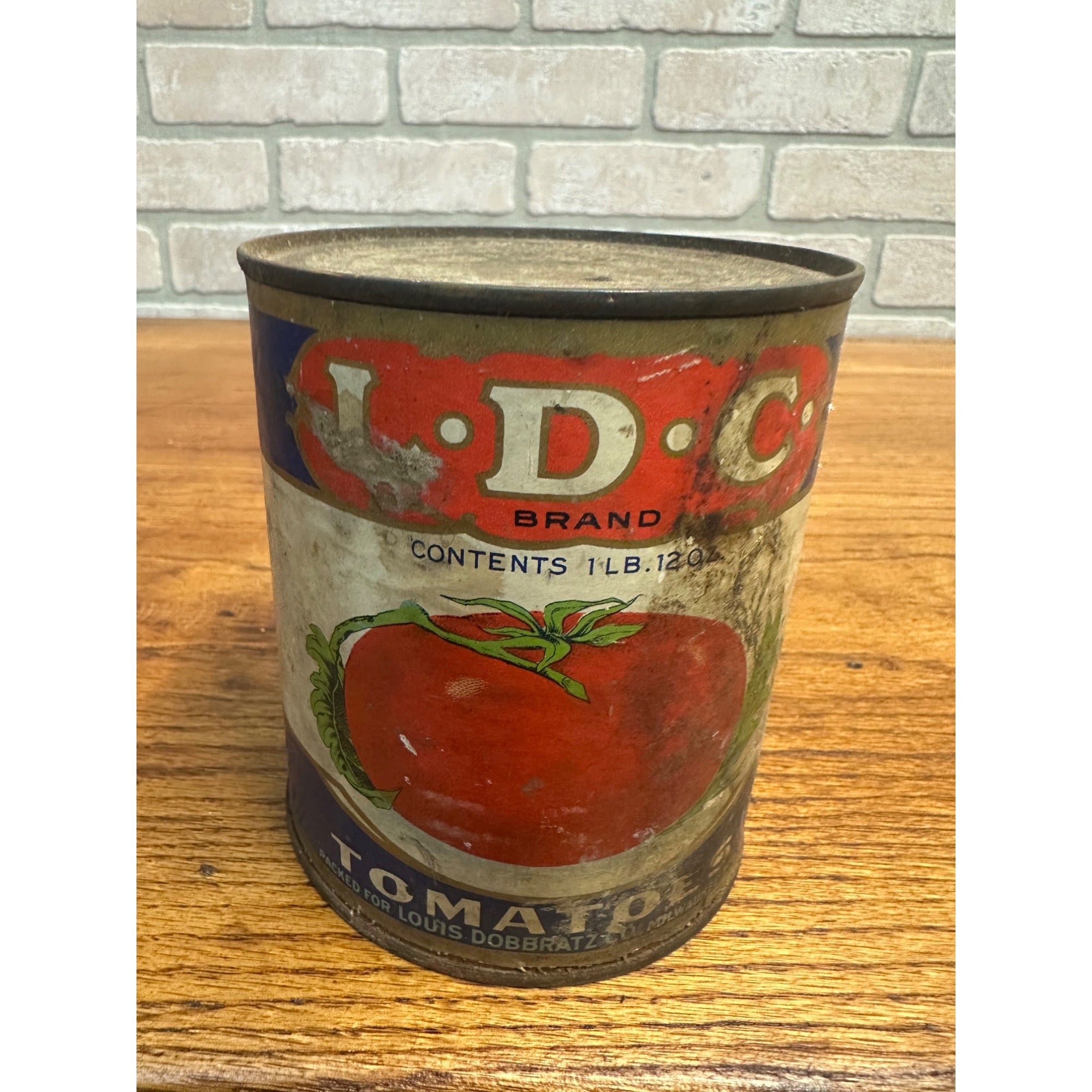 Vintage 1930s LDC Brand Tomatoes Vegetable Can Tin Milwaukee WI Louis Dobbratz Co