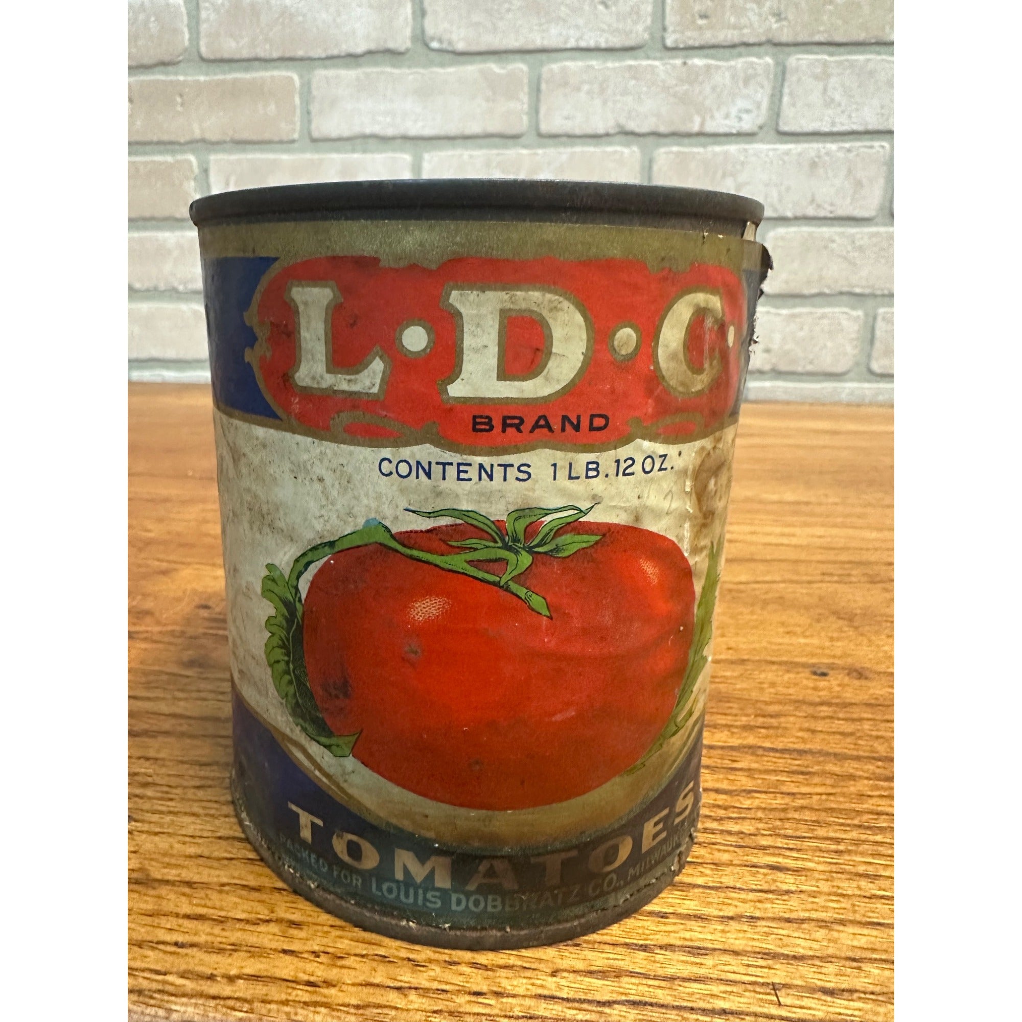 Vintage 1930s LDC Brand Tomatoes Vegetable Can Tin Milwaukee WI Louis Dobbratz Co