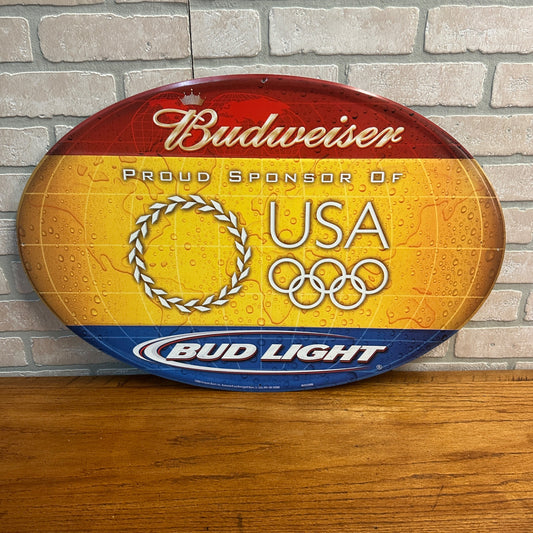 2004 BUDWEISER BUD LIGHT BEER TIN SIGN OLYMPICS PROUD SPONSOR MAN CAVE BAR