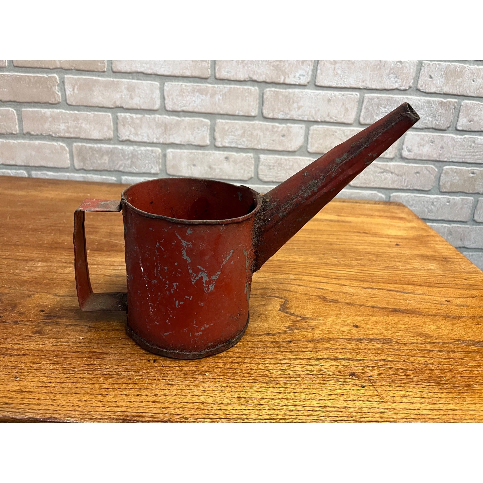 Antique Vintage Steel Oil Gas Can Red Paint Farm Tractor Angled Spout Handmade