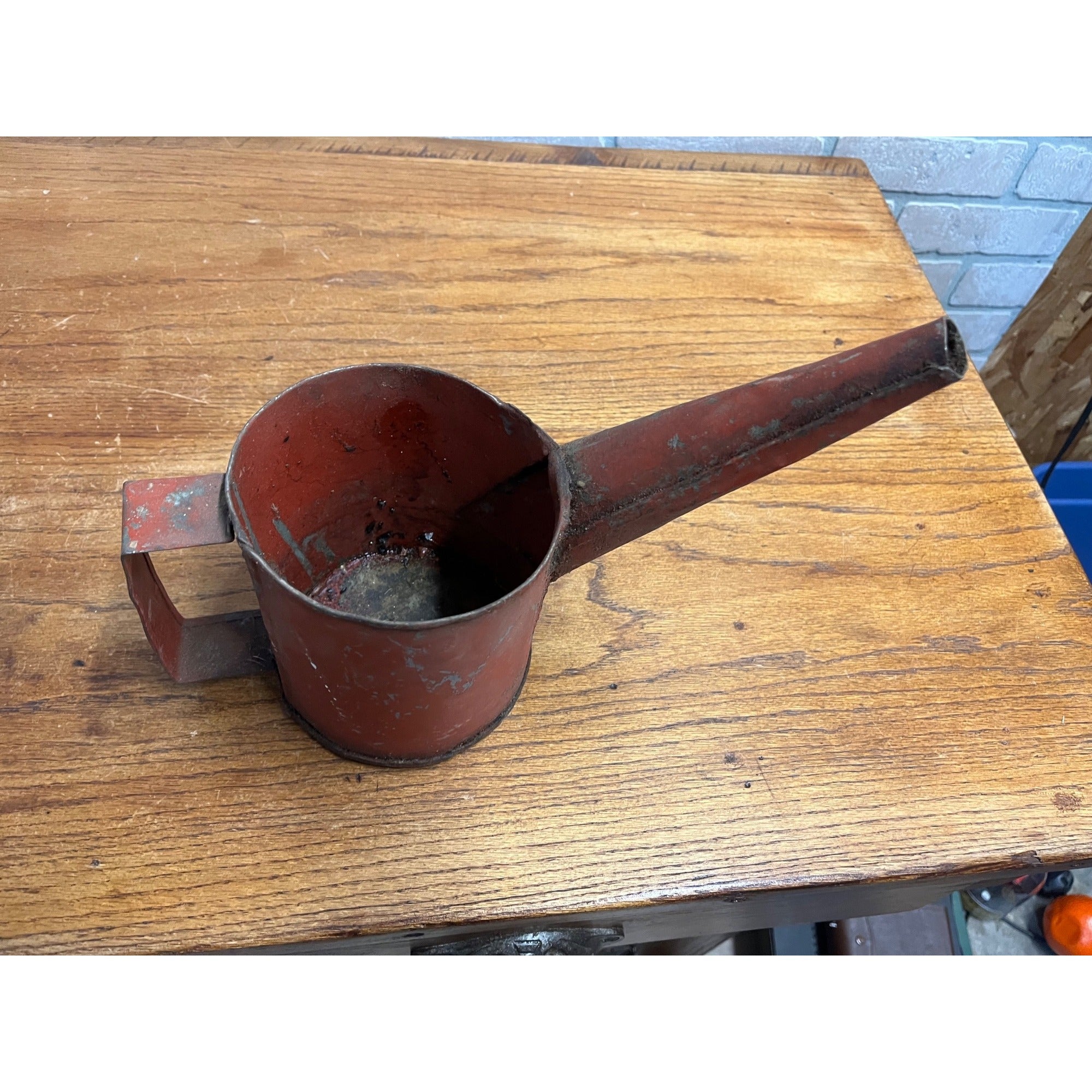 Antique Vintage Steel Oil Gas Can Red Paint Farm Tractor Angled Spout Handmade