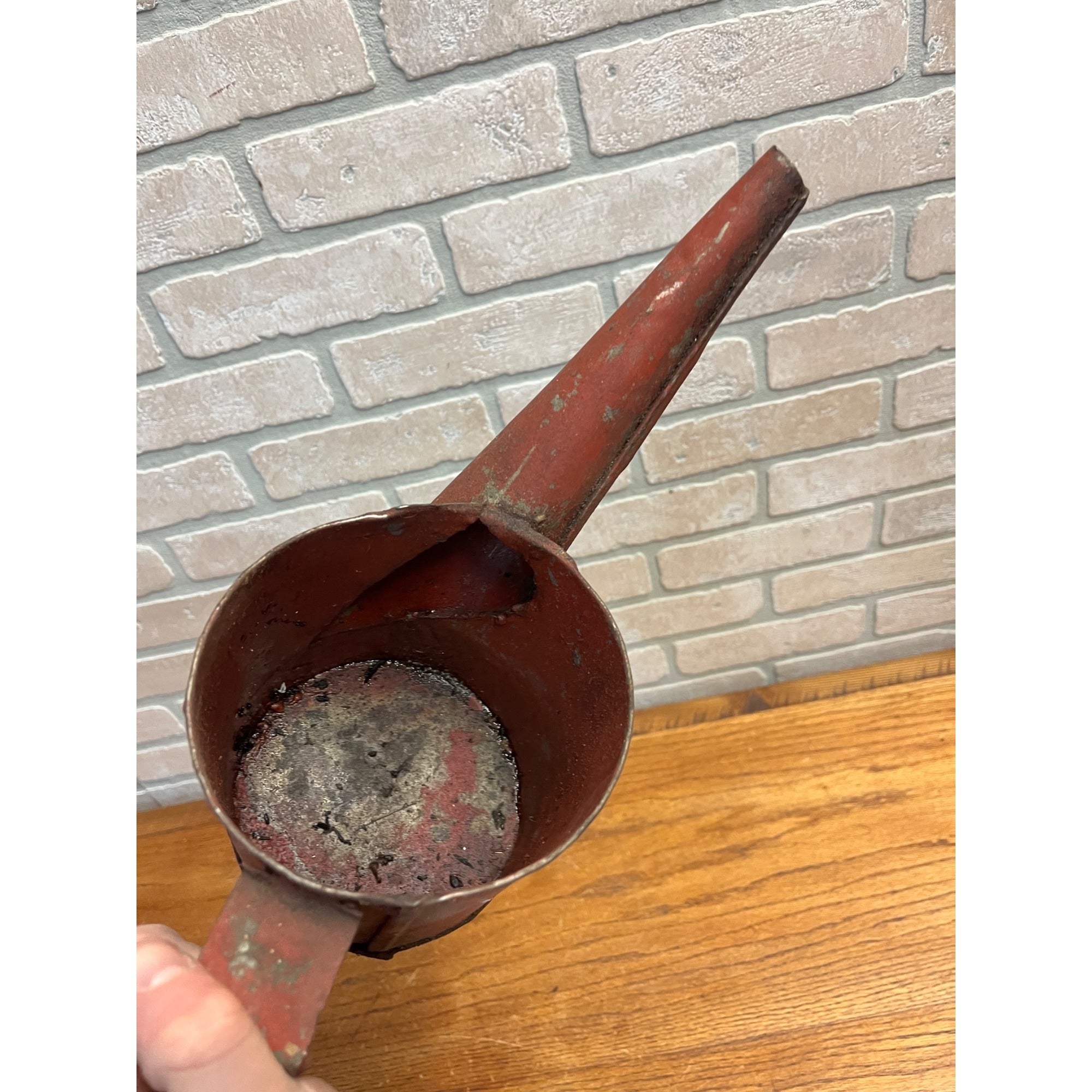 Antique Vintage Steel Oil Gas Can Red Paint Farm Tractor Angled Spout Handmade