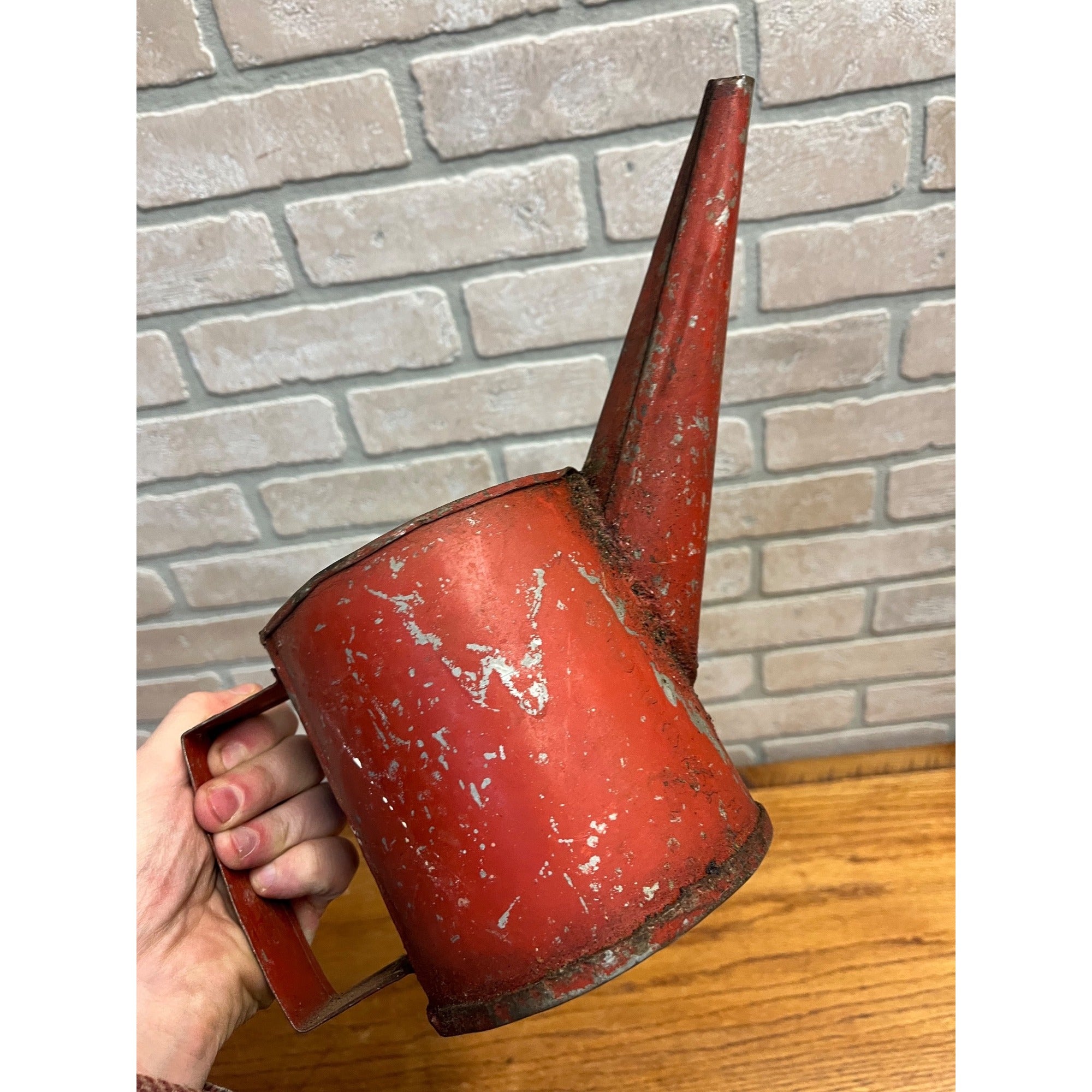 Antique Vintage Steel Oil Gas Can Red Paint Farm Tractor Angled Spout Handmade