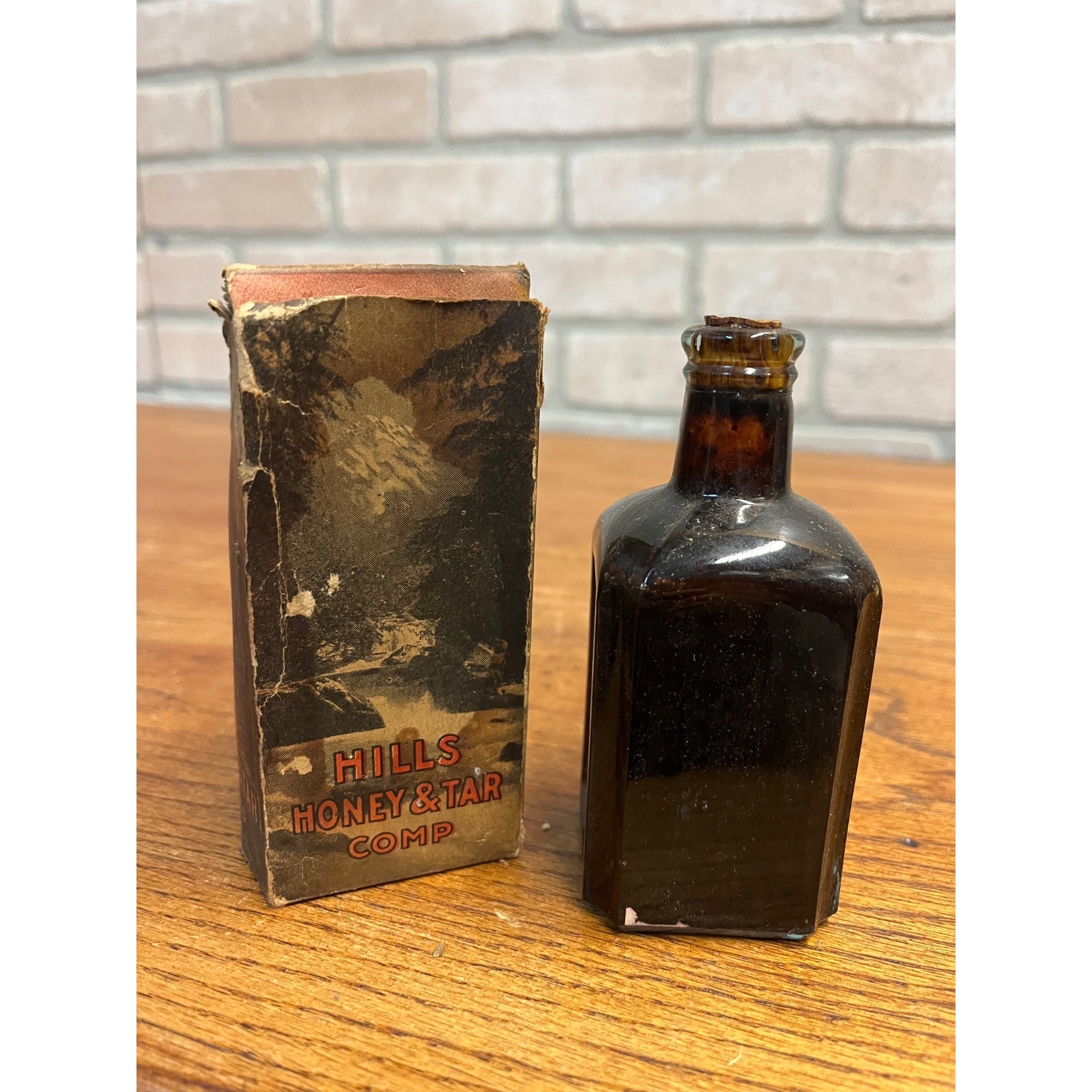 Antique Hill's Honey & Tar Compound Amber Bottle And Box Cough Medicine