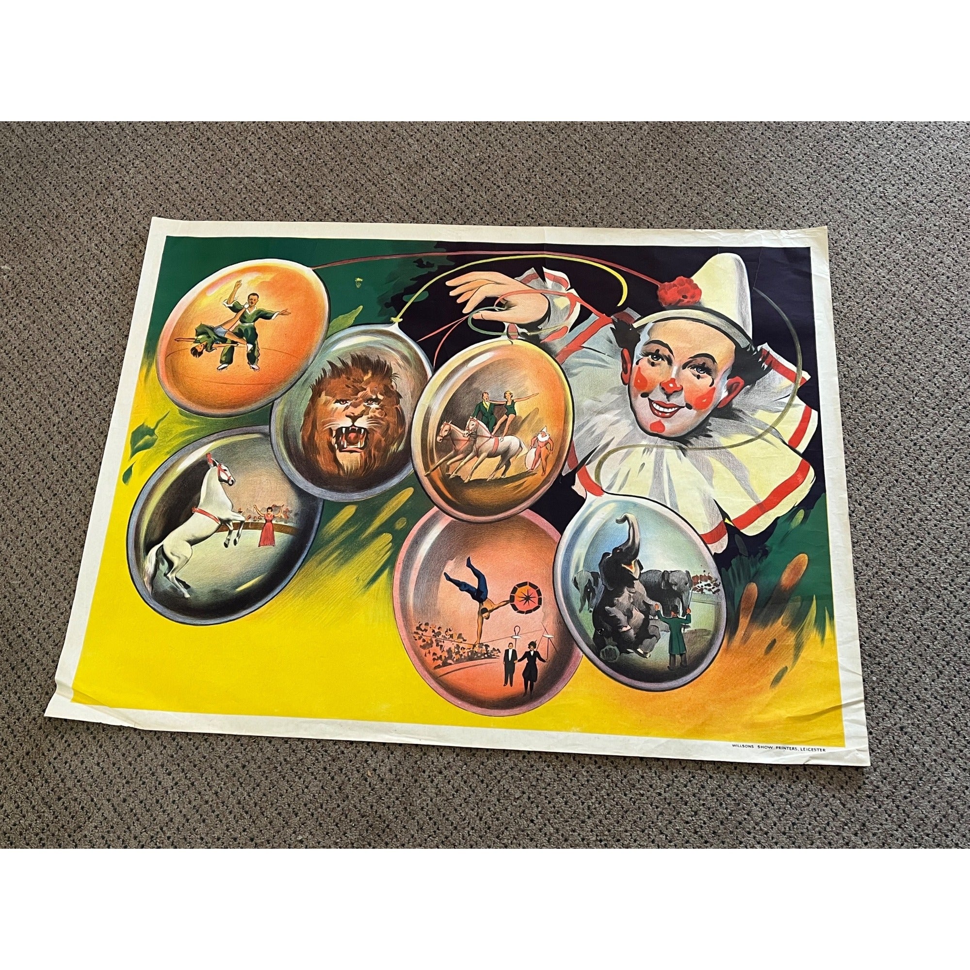 Rare Antique Circus Lithograph Poster Willsons Show Clown Lion England Litho Vtg
