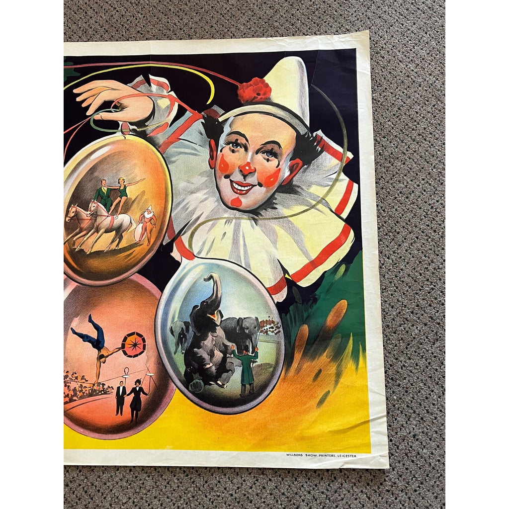 Rare Antique Circus Lithograph Poster Willsons Show Clown Lion England Litho Vtg