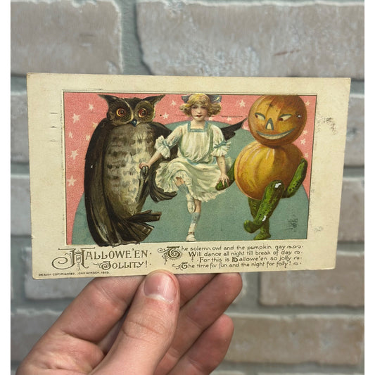 Halloween Postcard 450/1 3847 John Winsch 1913 Owl Girl Dance H12