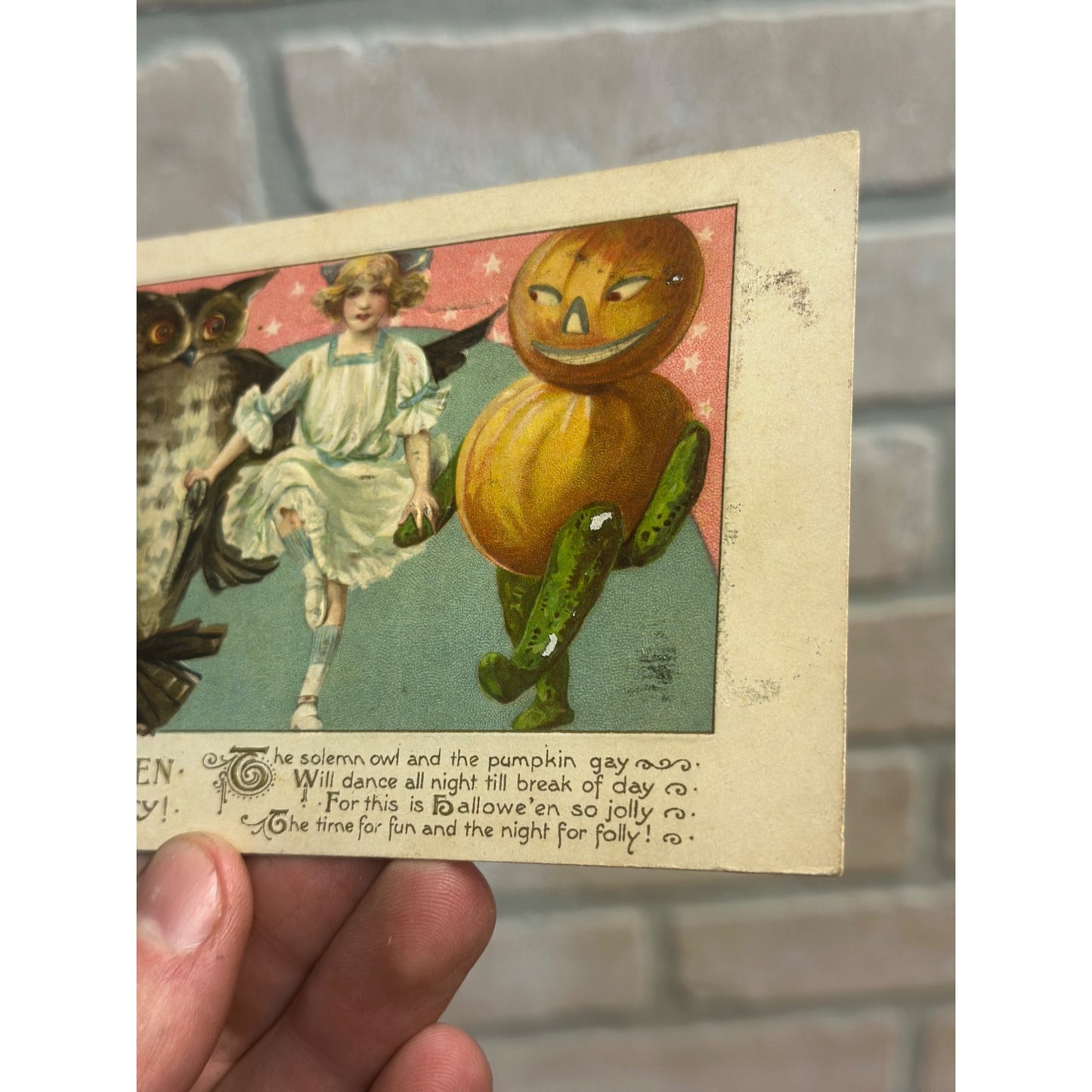 Halloween Postcard 450/1 3847 John Winsch 1913 Owl Girl Dance H12