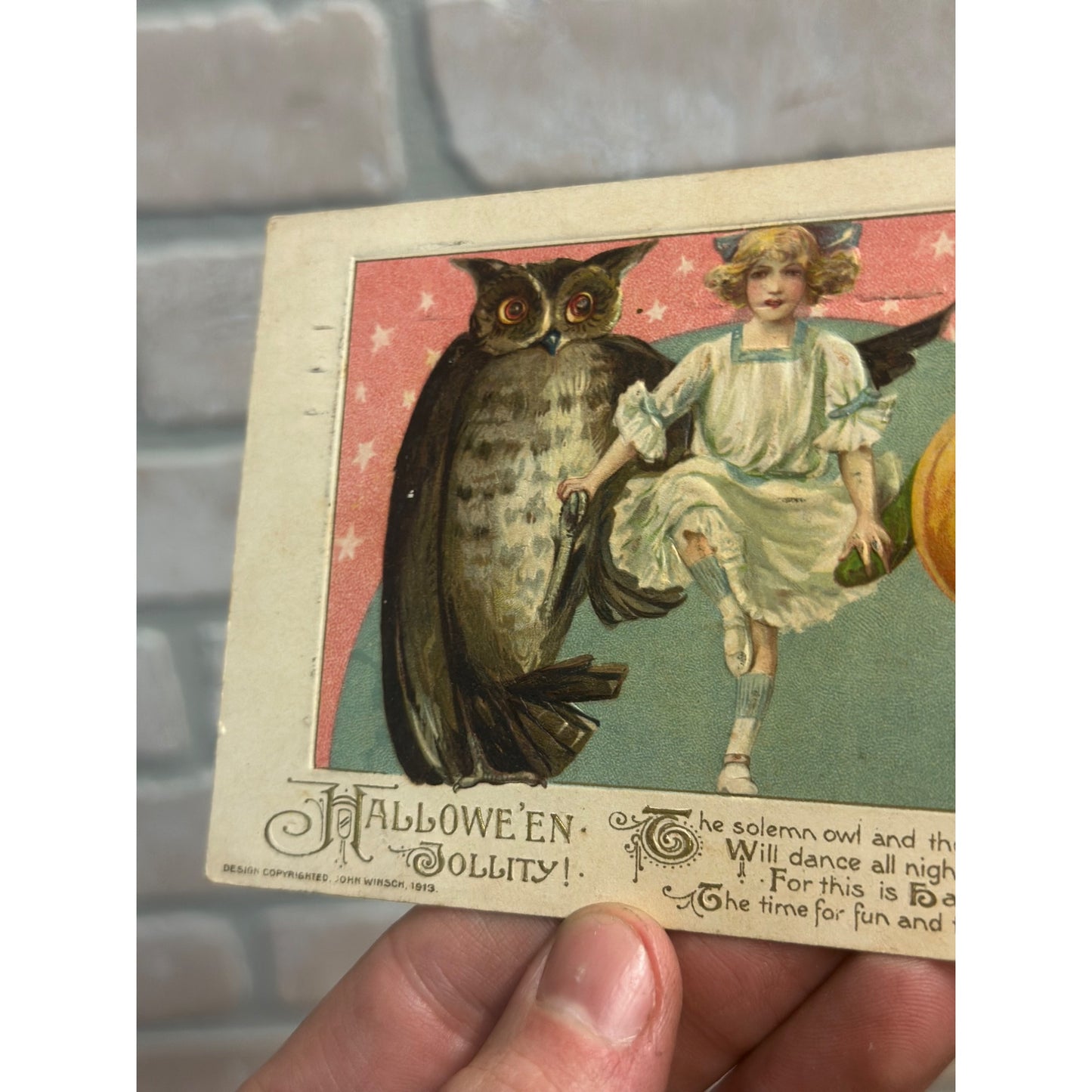 Halloween Postcard 450/1 3847 John Winsch 1913 Owl Girl Dance H12