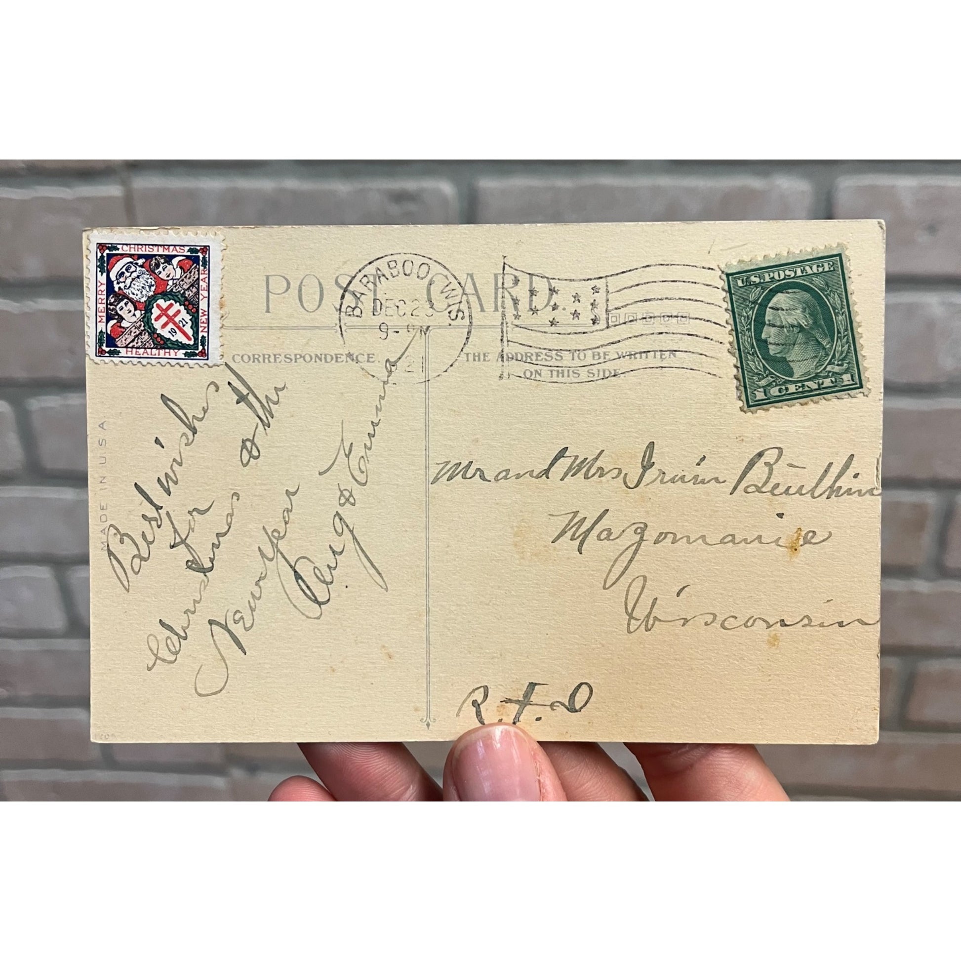 Vintage 1921 Christmas Postcard w/ Christmas Seal Tied US American Red Cross