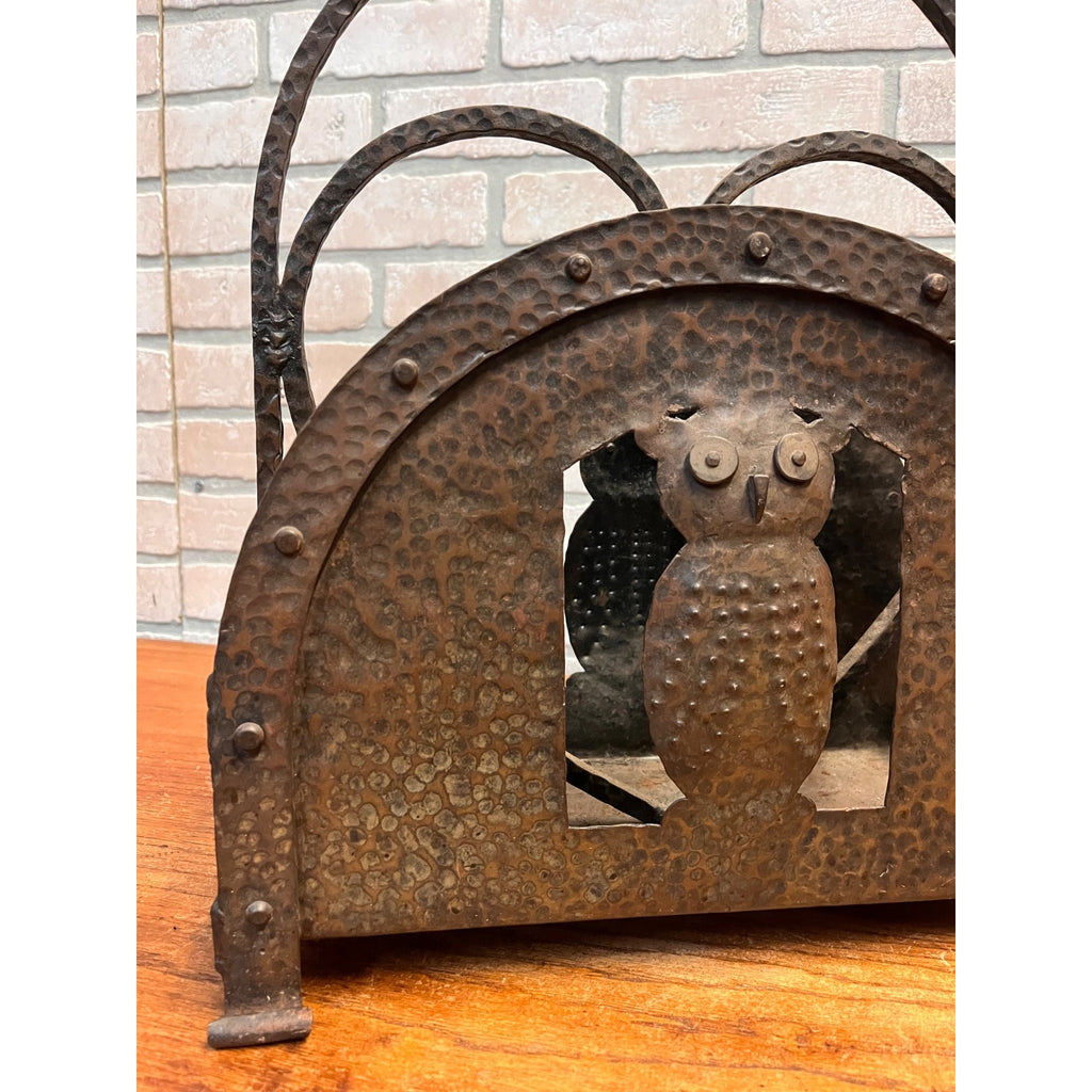 Antique Arts & Crafts Hammered Iron Owl Magazine Rack Newspaper Holder