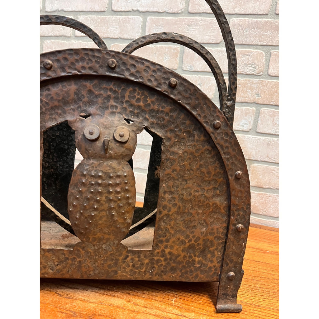 Antique Arts & Crafts Hammered Iron Owl Magazine Rack Newspaper Holder