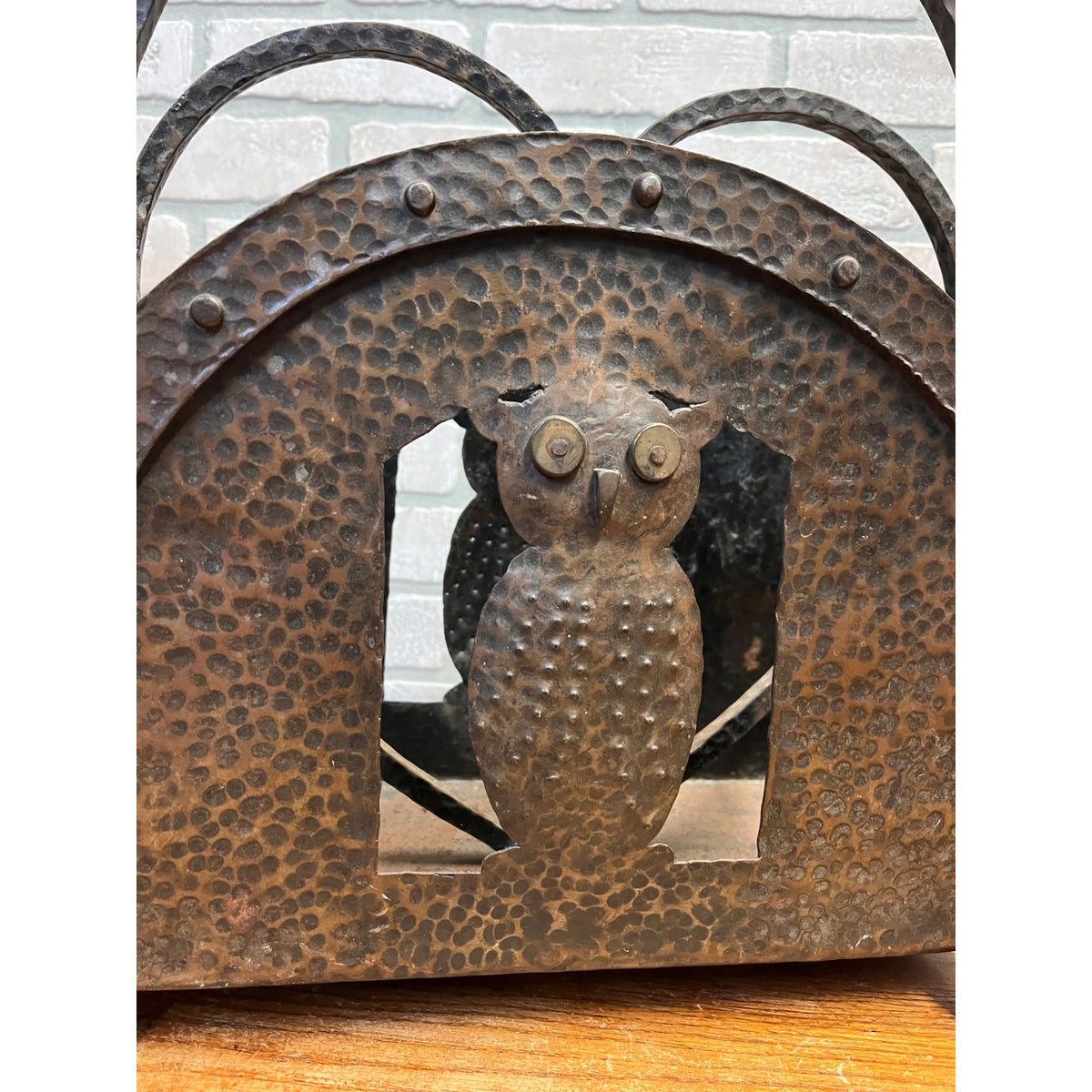 Antique Arts & Crafts Hammered Iron Owl Magazine Rack Newspaper Holder