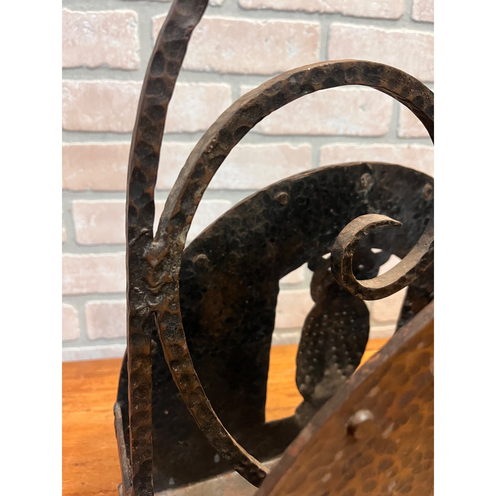 Antique Arts & Crafts Hammered Iron Owl Magazine Rack Newspaper Holder