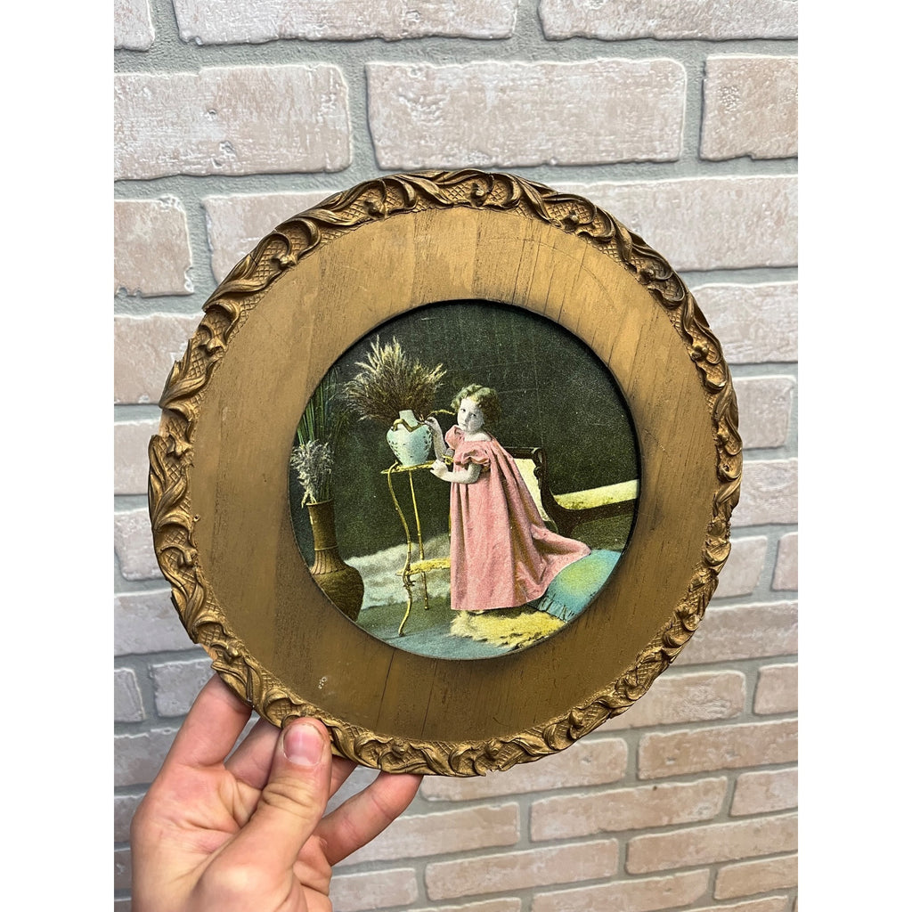 Antique Victorian Child Girl Chromolithograph Print Ornate Round Gold Frame