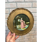 Antique Victorian Child Girl Chromolithograph Print Ornate Round Gold Frame