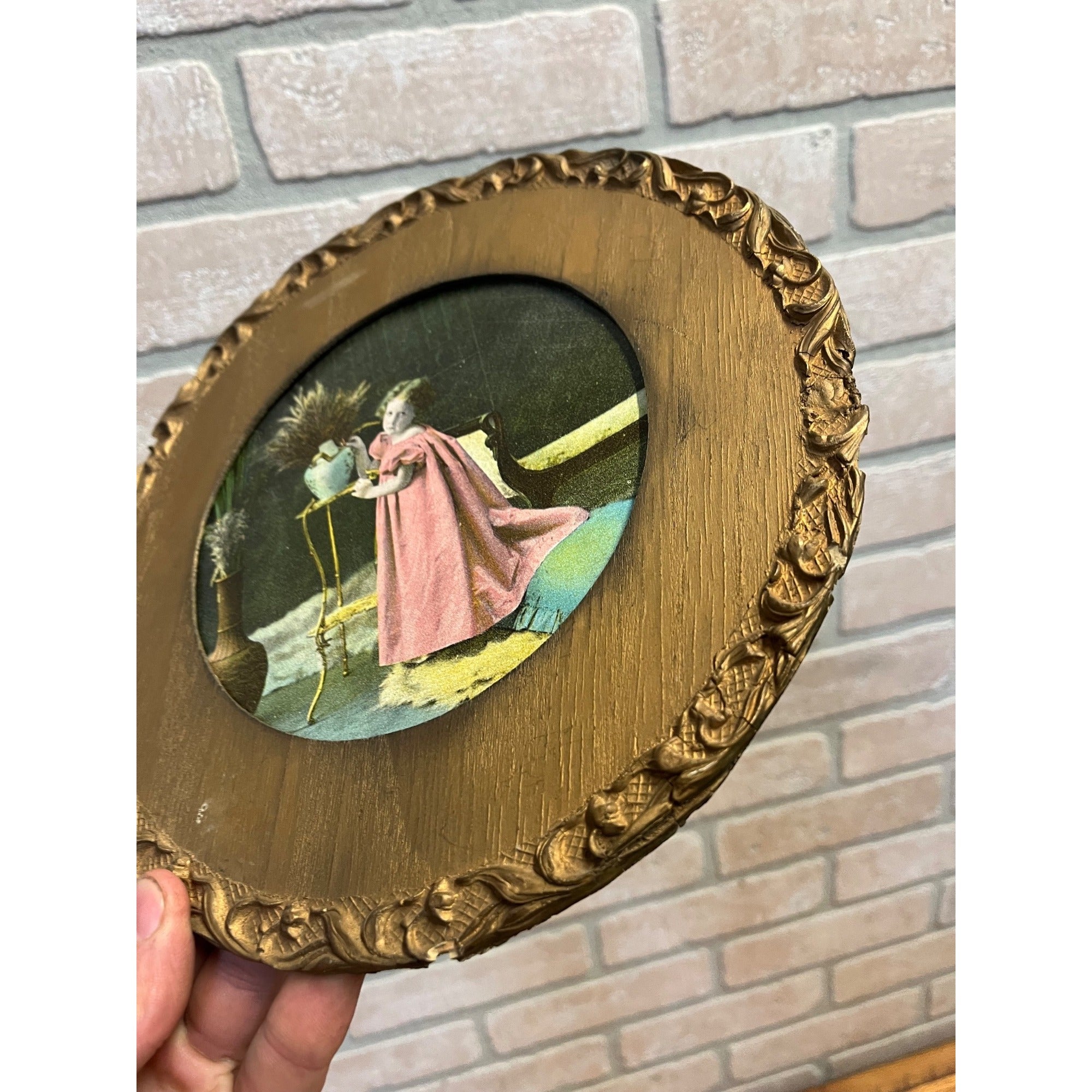 Antique Victorian Child Girl Chromolithograph Print Ornate Round Gold Frame