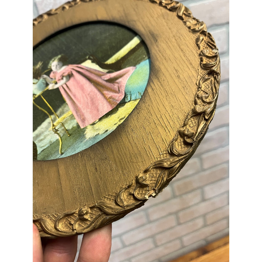 Antique Victorian Child Girl Chromolithograph Print Ornate Round Gold Frame