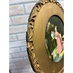 Antique Victorian Child Girl Chromolithograph Print Ornate Round Gold Frame