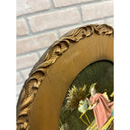 Antique Victorian Child Girl Chromolithograph Print Ornate Round Gold Frame