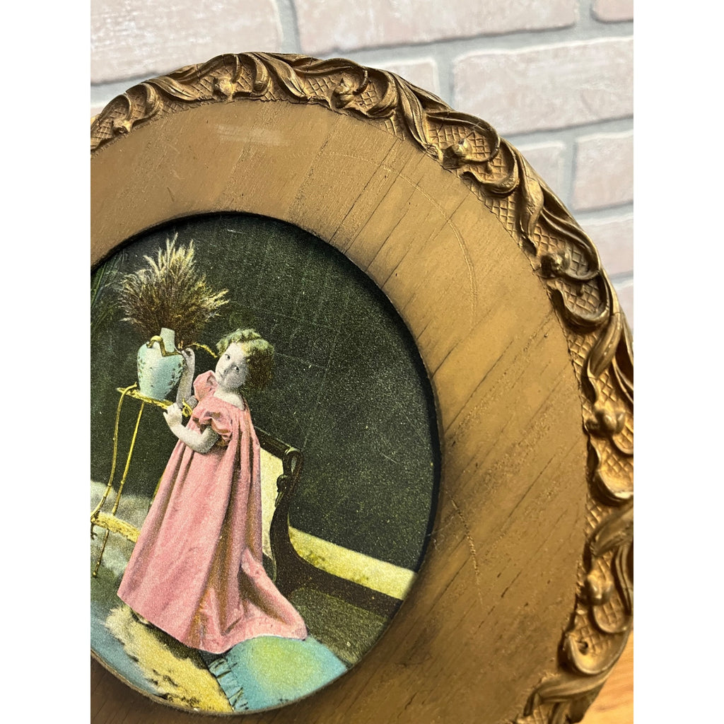 Antique Victorian Child Girl Chromolithograph Print Ornate Round Gold Frame