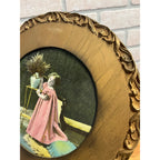 Antique Victorian Child Girl Chromolithograph Print Ornate Round Gold Frame